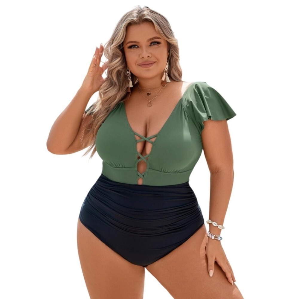 Blooming Jelly Women 3XL Olive Green Black Ruffle One‎ Piece Swimsuit NWT Ruched